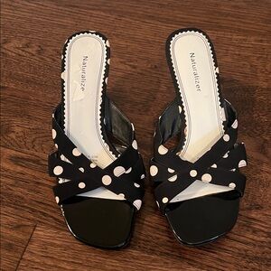 Naturalizer Strapless Sandle Slide Black and White Polka Dot Kitten Heel